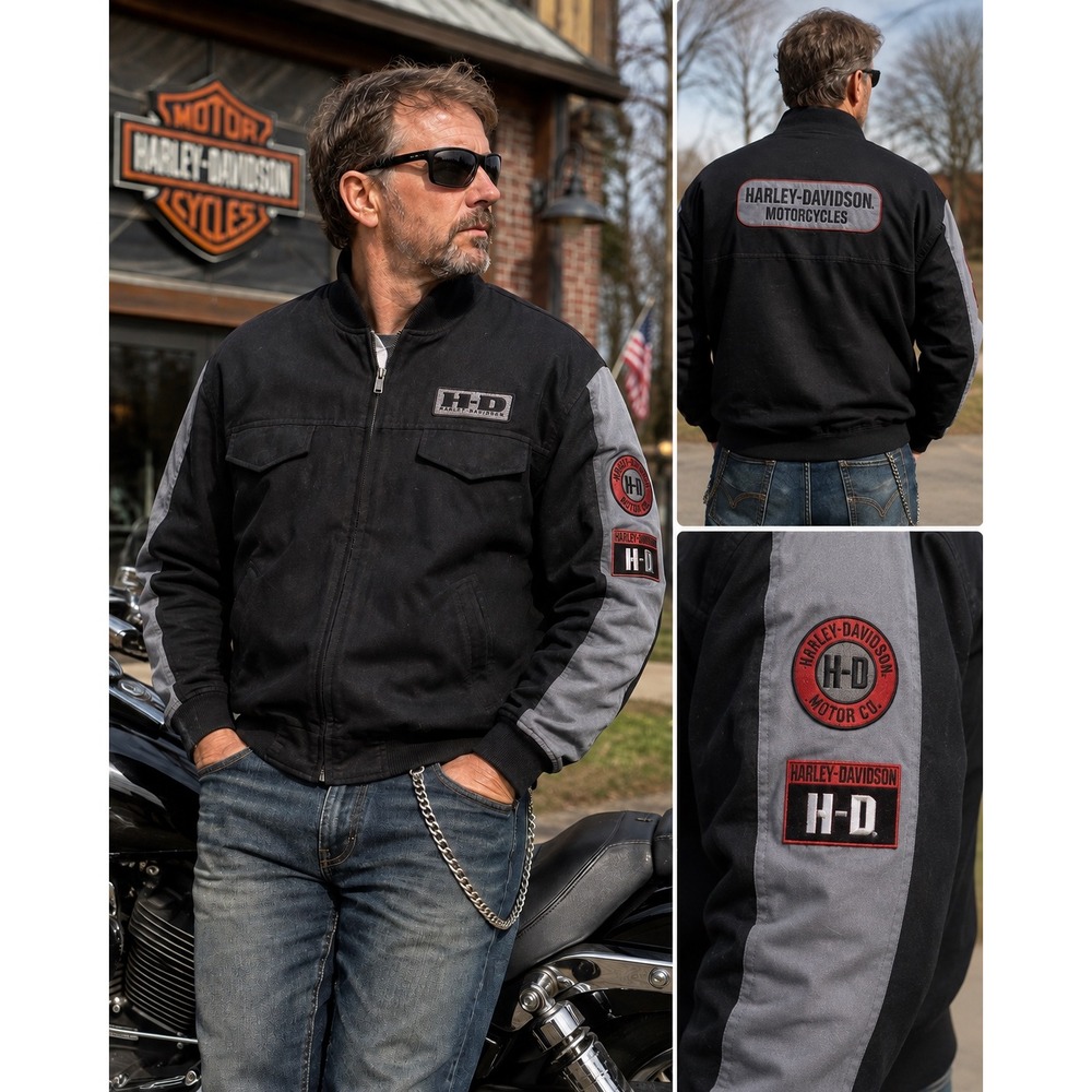 Vintage Y2K Harley Davidson Jacket Mens L 97077-03VM Bomber Black Gray H-D